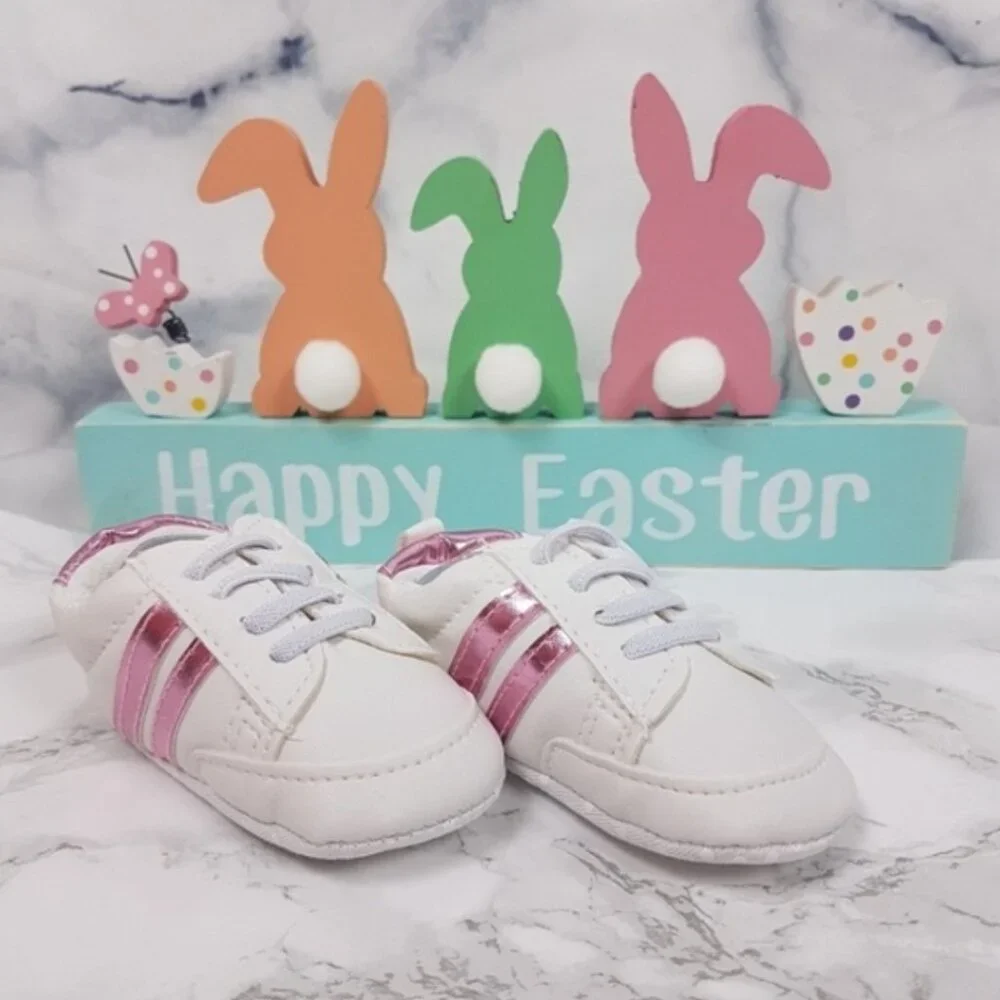 NEW Baby Sneakers White Metallic Pink Stripes